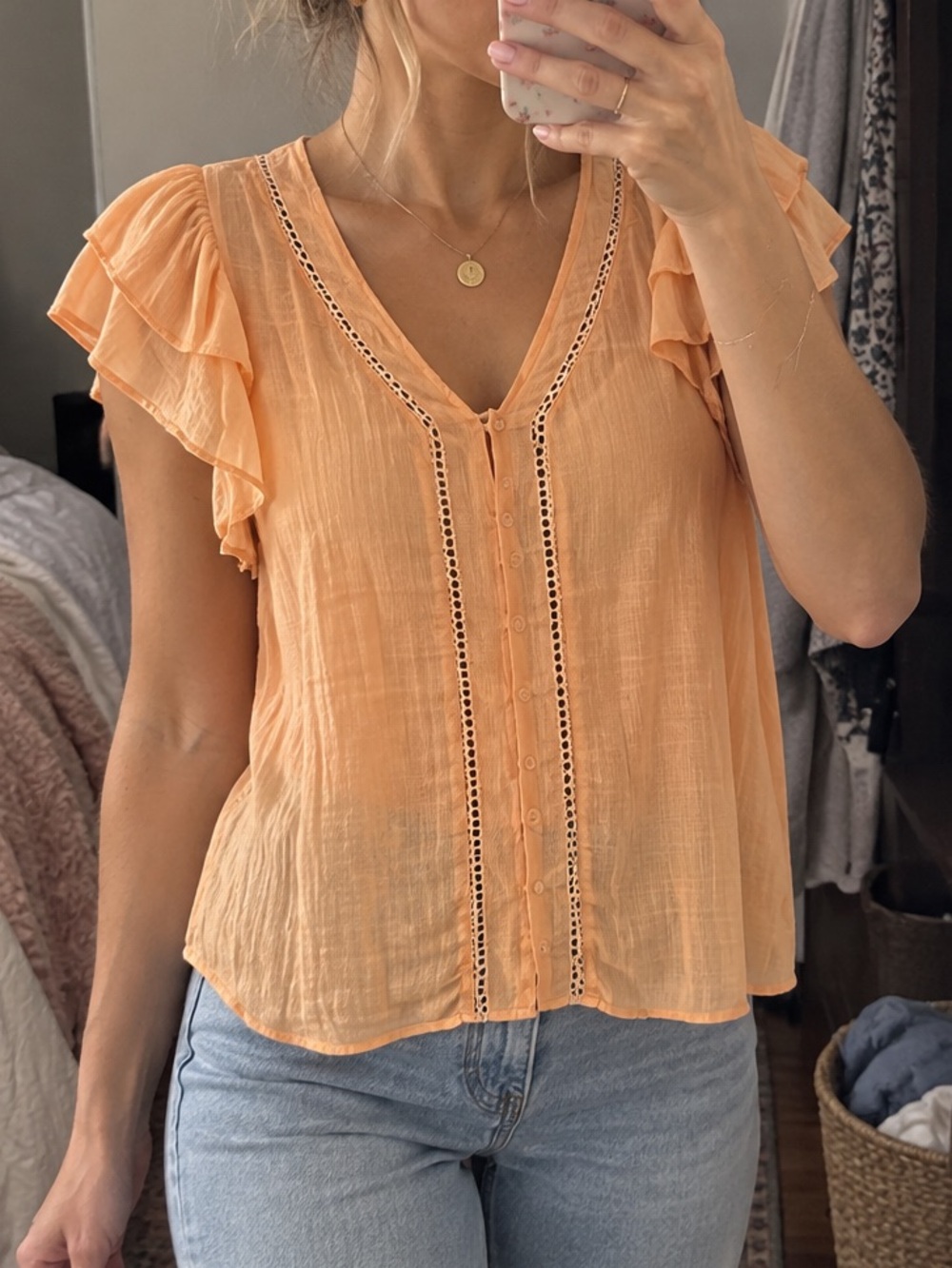 Joie Blouse Size S Peach Flutter Sleeve Button Front Lace Trim Boho Top NWT